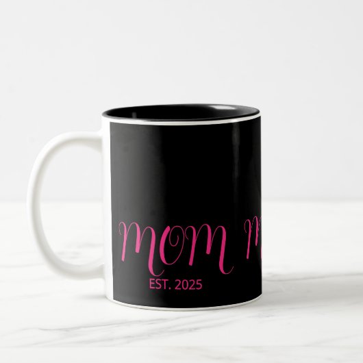 Mom Established Pink Script New Mom Gift  Tweekleurige Koffiemok (Links)