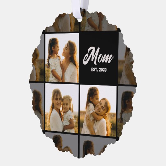 Mom Established Script Black 3 Photo Grid Ornament Kaart (Links)