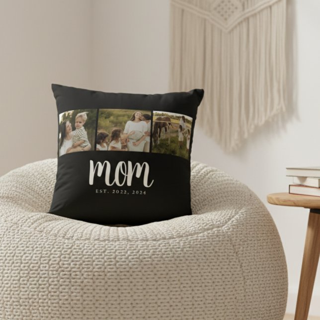 Mom Established Script Black 3 Photo Kussen (modern 3 photo black and white script mom established pillow gift for mom mother's day christmas)
