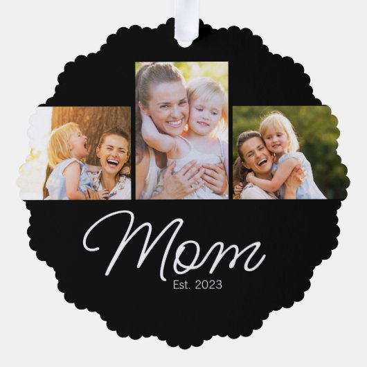 Mom Established Script Black 3 Photo Ornament Kaart (Achterkant)