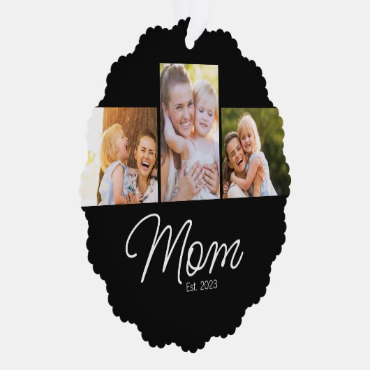 Mom Established Script Black 3 Photo Ornament Kaart (Rechts)