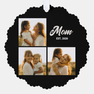 Mom Established Script Black 3 Photo Ornament Kaart