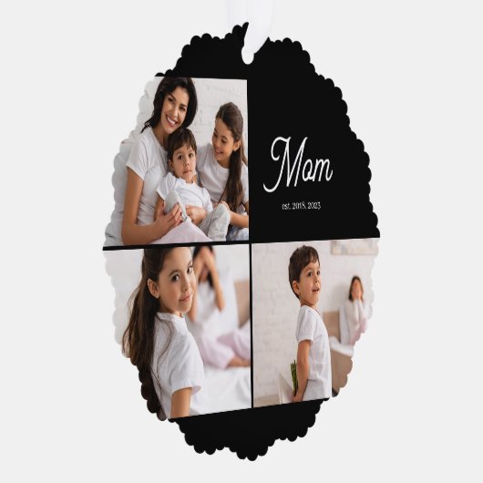 Mom Established Script Black 3 Photo Ornament Kaart (Rechts)