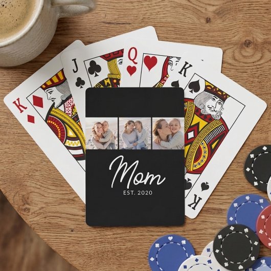 Mom Established Script Black 3 Photo Pokerkaarten