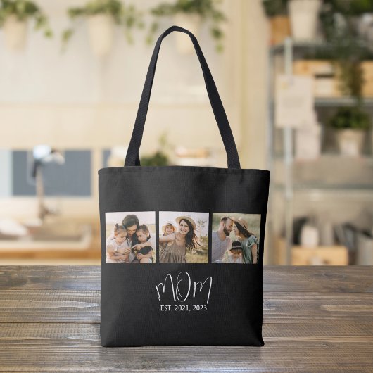 Mom Established Script Black 3 Photo Tote Bag