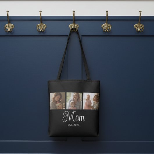 Mom Established Script Black 3 Photo Tote Bag