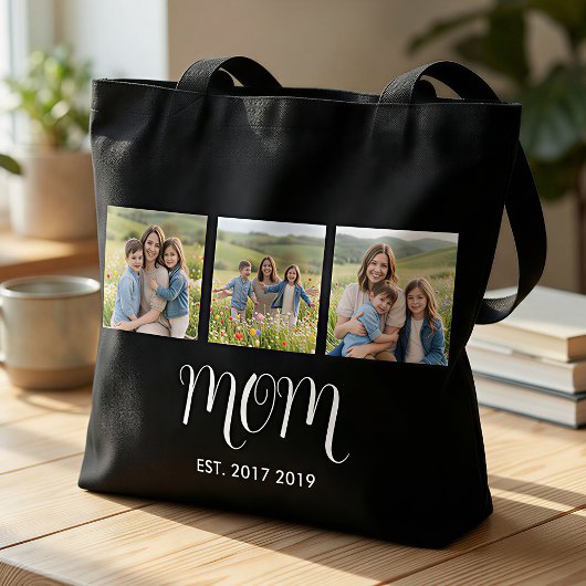 Mom Established Script Black 3 Photo Tote Bag