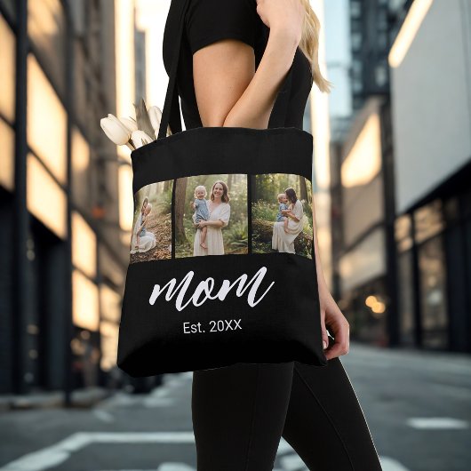 Mom Established Script Black 3 Photo Tote Bag