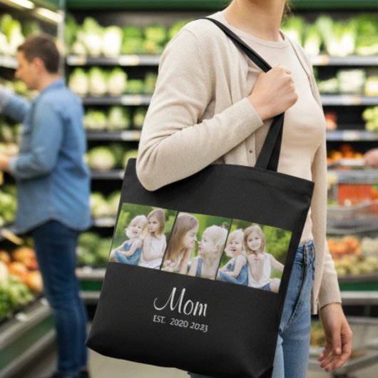 Mom Established Script Black 3 Photo Tote Bag