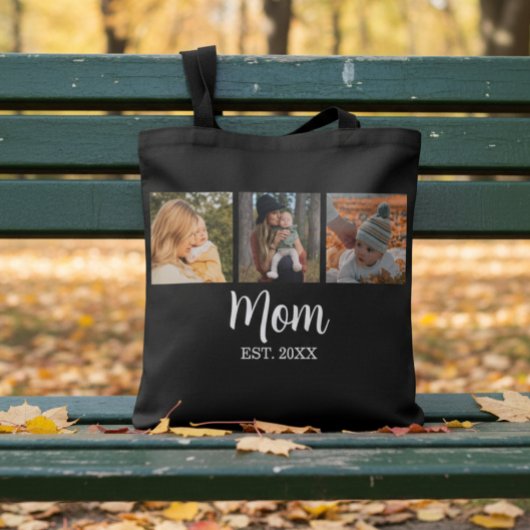 Mom Established Script Black 3 Photo Tote Bag