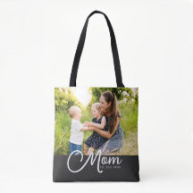 Mom Established Script Black Photo Tote Bag