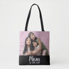 Mom Established Script Black Photo Tote Bag
