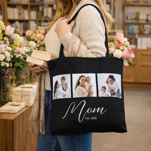 Mom Established Script Black Photo Tote Bag