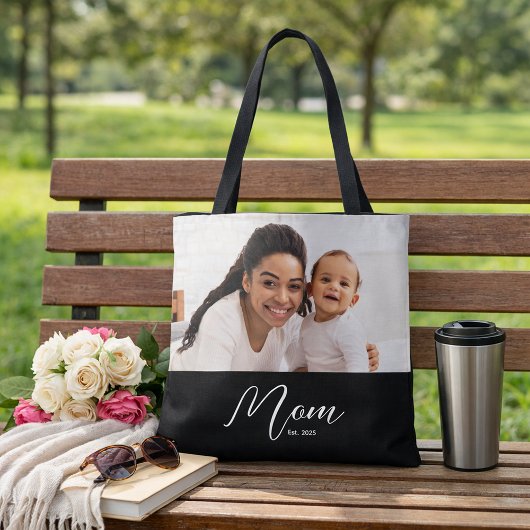 Mom Established Script Black Photo Tote Bag
