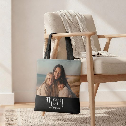 Mom Established Script Black Photo Tote Bag