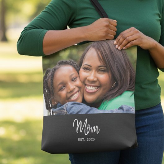 Mom Established Script Black Photo Tote Bag