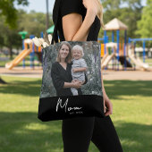Mom Established Script Black Photo Tote Bag