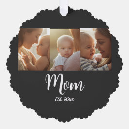 Mom Established Year Modern Script Black 3 Photo Ornament Kaart