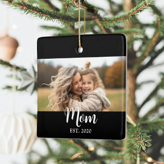 Mom Established Year Script Text Black Photo Keramisch Ornament