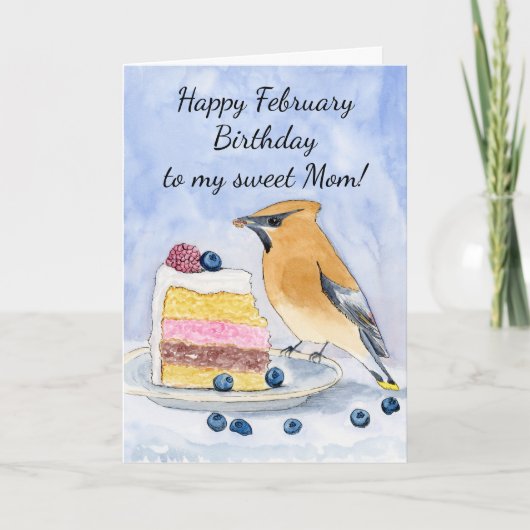 Mom Happy February Birthday Cedar Waxwing Cake Kaart (Voorkant)