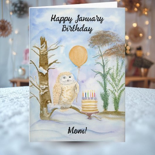 Mom Happy January Birthday Owl Cake Kaart