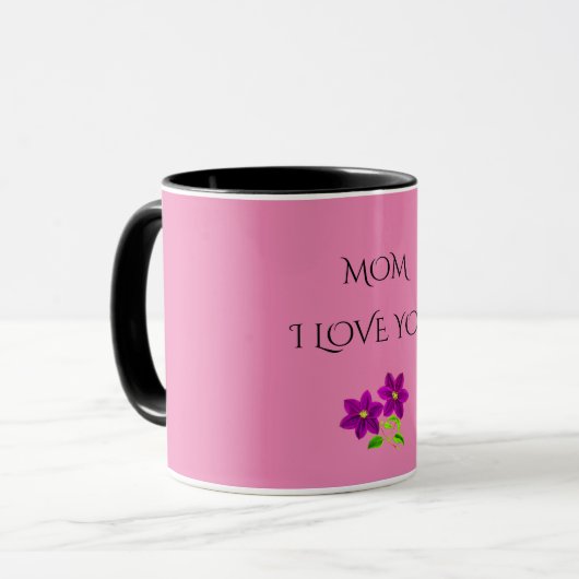'MOM' IK HOU VAN paarse bloemen met twee mok. Mok (Voorkant links)