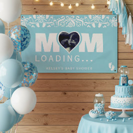 Mom Loading Photo Ultrasound Blue Baby Shower Spandoek