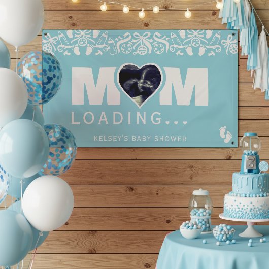 Mom Loading Photo Ultrasound Blue Baby Shower Spandoek
