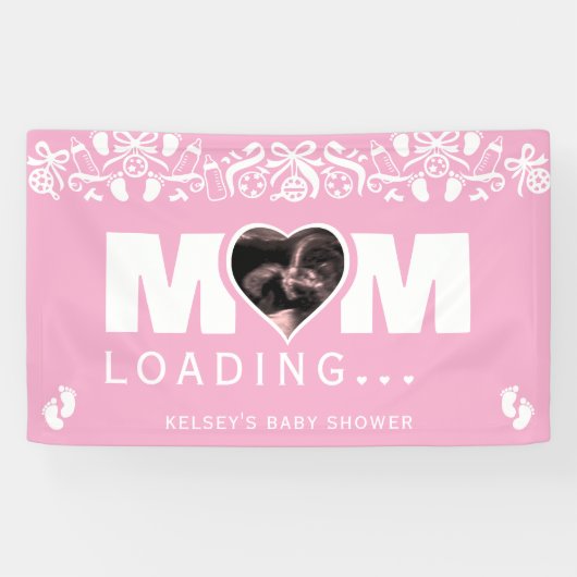 Mom Loading Photo Ultrasound Pink Baby Shower Spandoek (Horizontaal)
