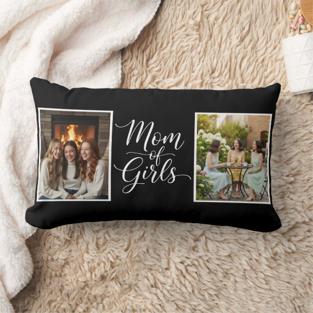 Mom of Girls Elegant Script Double Photo Black Kussen (Deken)