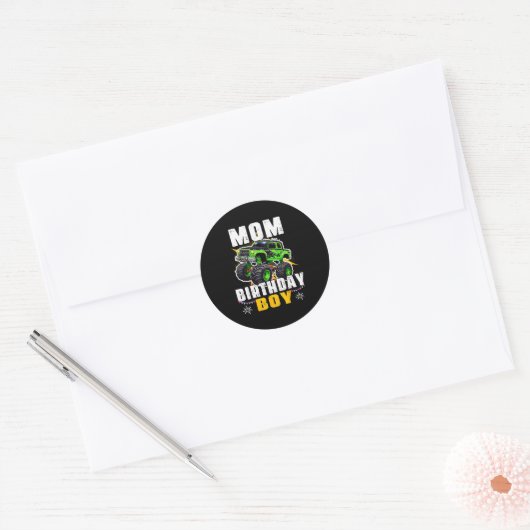 Mom Of The Birthday Boy Monster Truck Family Match Ronde Sticker (Envelop)