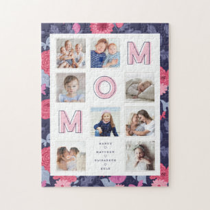 MOM Roze letters Familie Foto Collage Floral Lijst Legpuzzel