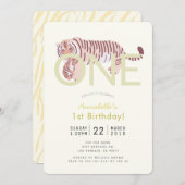 Mom Tiger & Cub Yellow 1e verjaardag Uitnodiging (Voorkant / Achterkant)