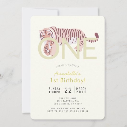 Mom Tiger & Cub Yellow 1e verjaardag Uitnodiging (Voorkant)