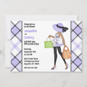 Mom-to-Be (donkere huid) Paarse geruite Baby showe Kaart (Voorkant)