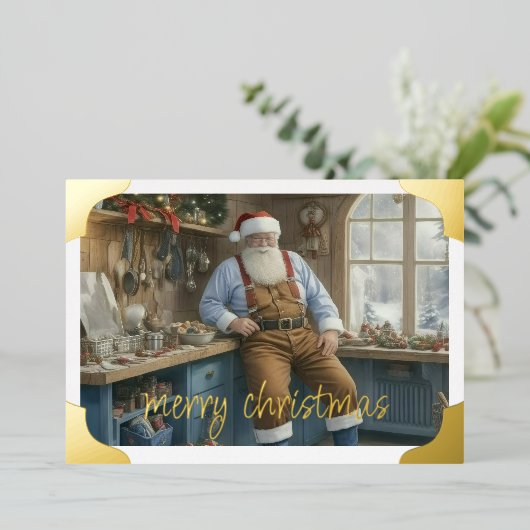 Momentopname van Santa Working at Bench Folie Feestdagenkaart (Staand Voorkant)