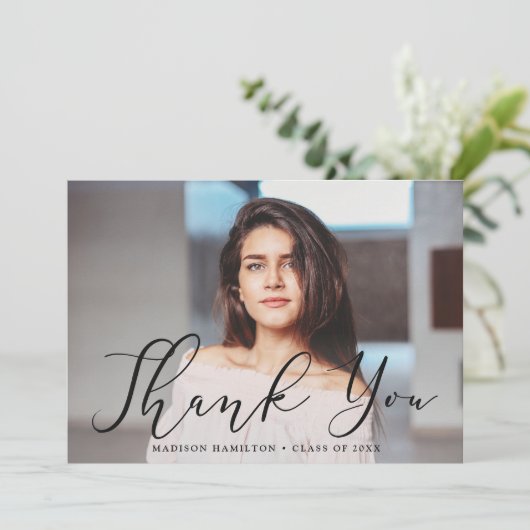 Momentous Black Script Photo Afstuderen Bedankkaart (Staand voorkant)