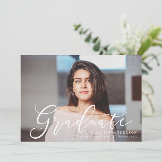 Momentous Script Mint Photo Afstuderen Aankondiging (Staand voorkant)