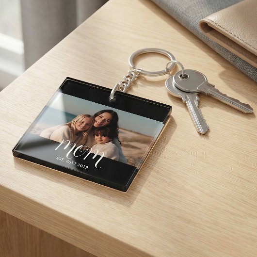 MomEstablishedBlack White Script Photo Sleutelhanger
