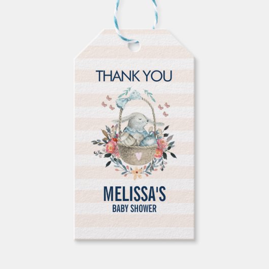 Momma Bunny in mandje en  Florals Baby shower Cadeaulabel (Voorkant)