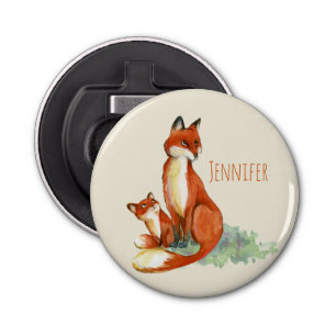 Momma Fox en Baby Illustratie Waterverf Button Flesopener
