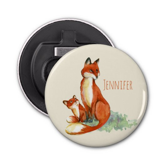 Momma Fox en Baby Illustratie Waterverf Button Flesopener (Voorkant)