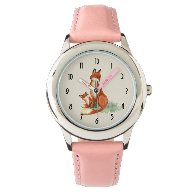Momma Fox en Baby Illustratie Waterverf Horloge (Voorkant)