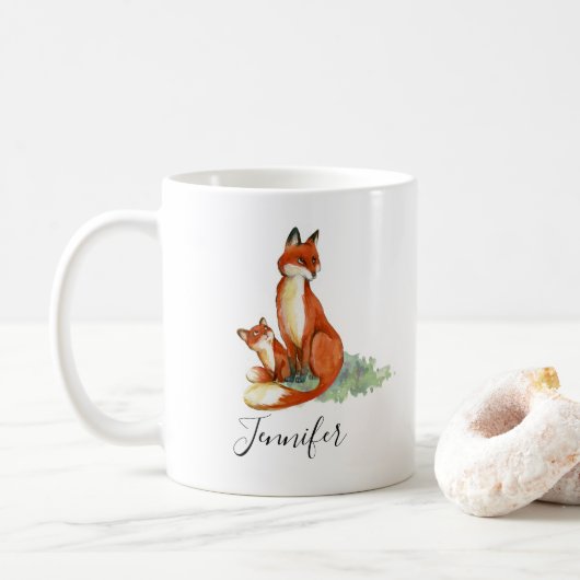 Momma Fox en Baby Illustratie Waterverf Koffiemok (Met donut)