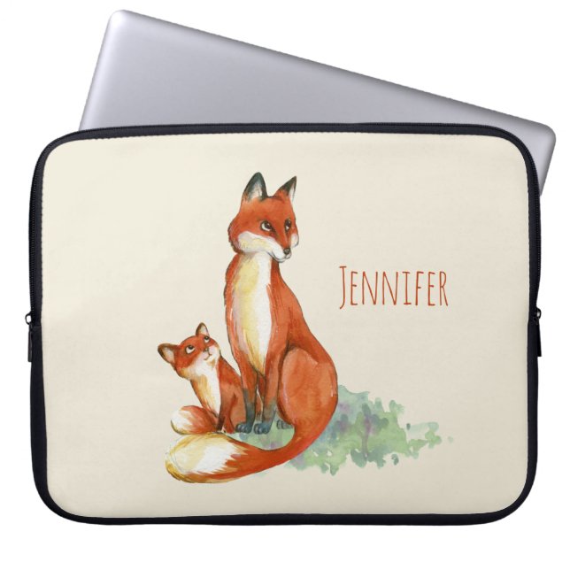 Momma Fox en Baby Illustratie Waterverf Laptop Sleeve (Voorkant)
