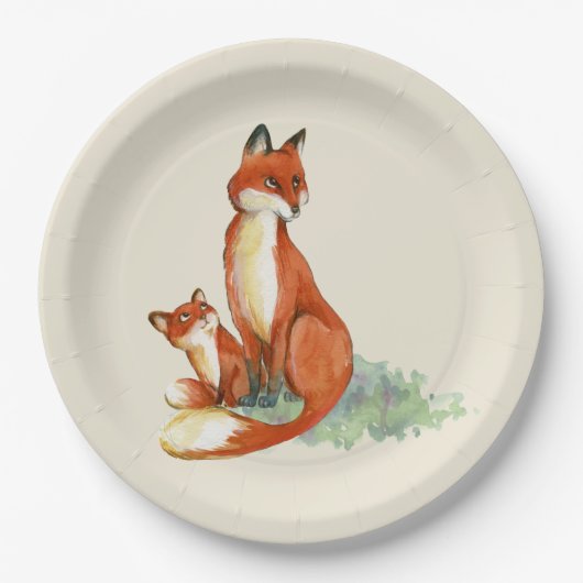 Momma Fox en Baby Illustratie Waterverf Papieren Bordje (Voorkant)