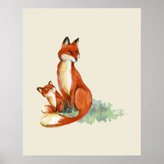 Momma Fox en Baby Illustratie Waterverf Poster (Voorkant)