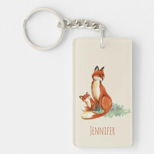 Momma Fox en Baby Illustratie Waterverf Sleutelhanger (Voorkant)