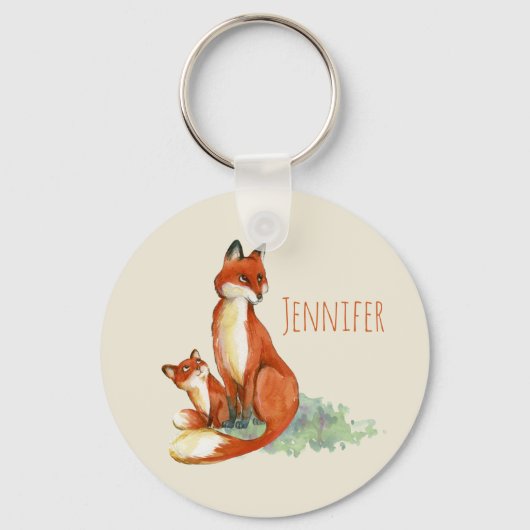 Momma Fox en Baby Illustratie Waterverf Sleutelhanger (Voorkant)