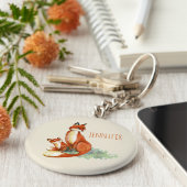 Momma Fox en Baby Illustratie Waterverf Sleutelhanger (Zijkant)